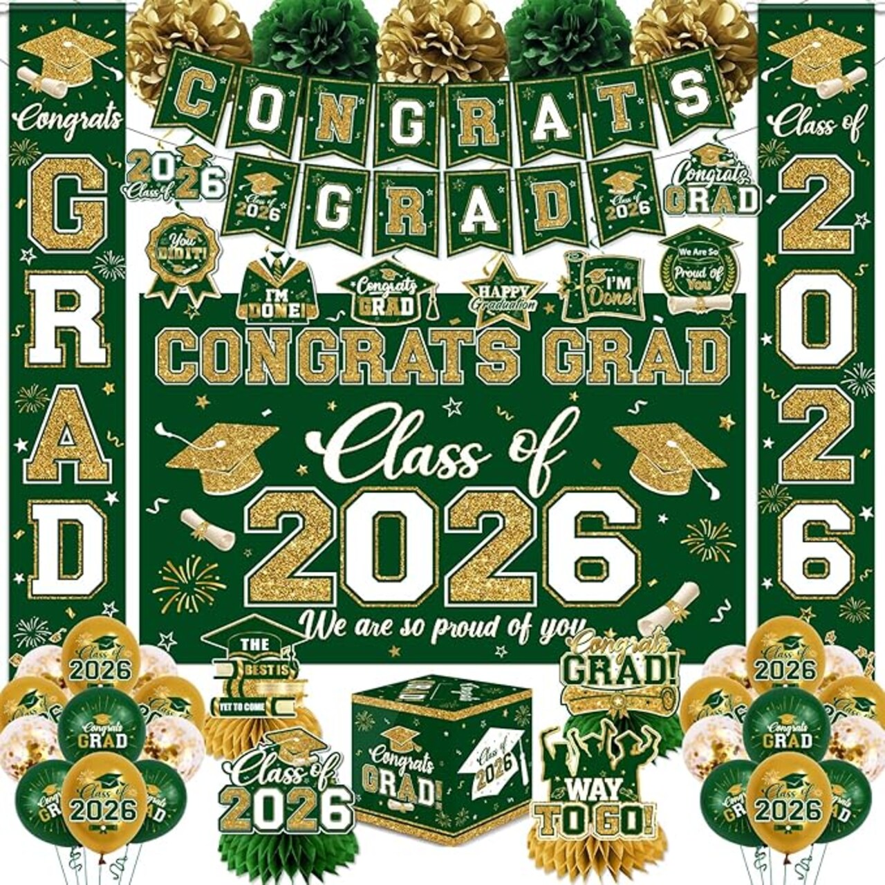 Class of 2026 Graduation Decorations Kit - Green and Gold Congrats Grad Banner Set with Backdrop, Porch Signs, Card Box, Honeycomb Centerpieces, and Balloons - Complete Party Supplies for High School and College